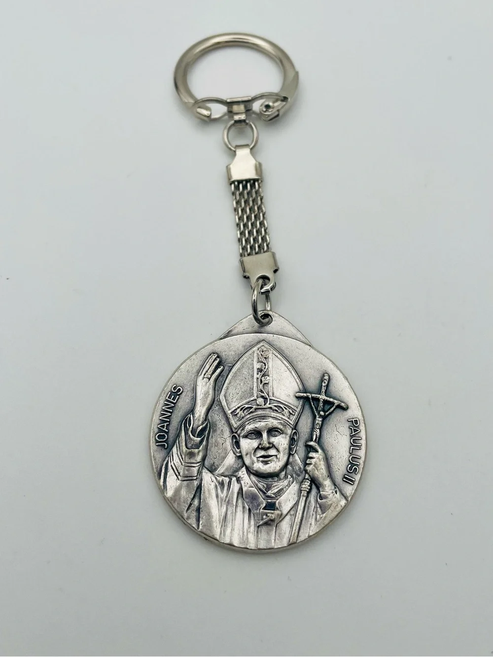 Vintage Silver-Tone Religious Medallion Keychain- Pope John Paul II. Souvenir